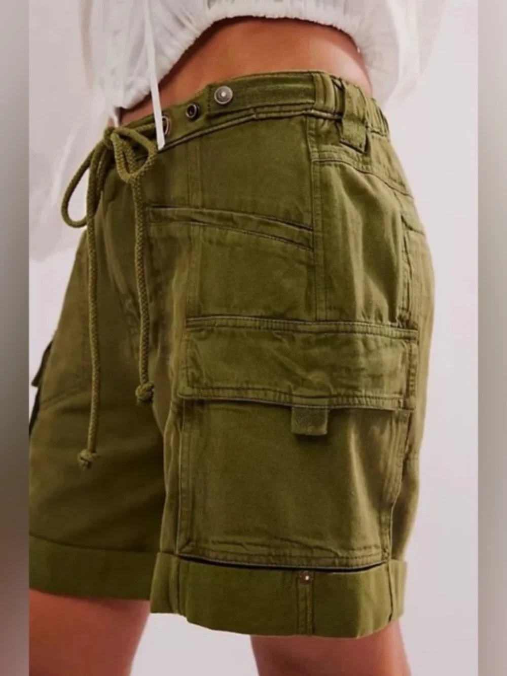 Free People Frankie Washed Army Green Utility Tie-Waist Women’s Shorts XS